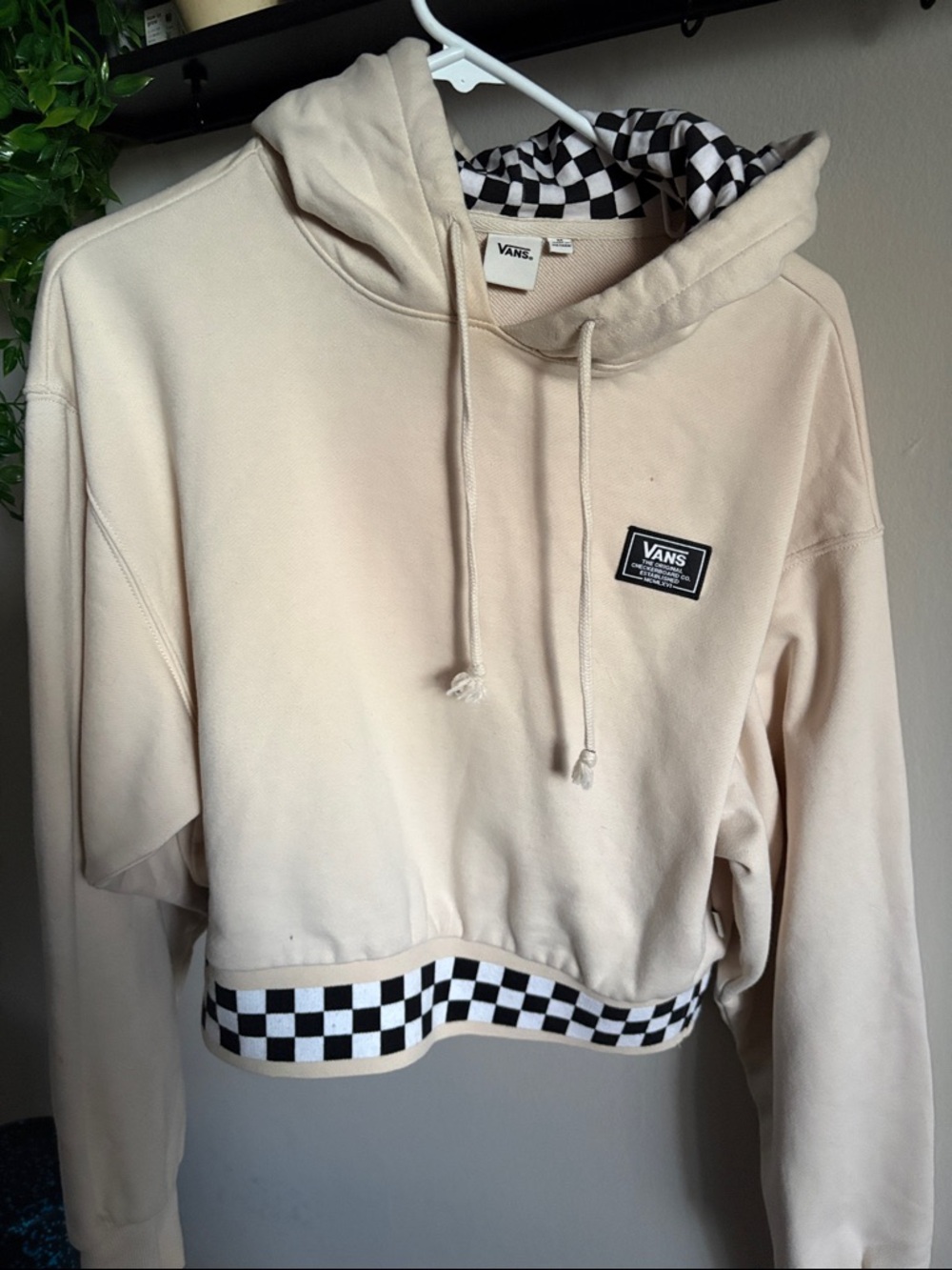 Vans Cropped Hoodie with Checker Trim - Cream & Black